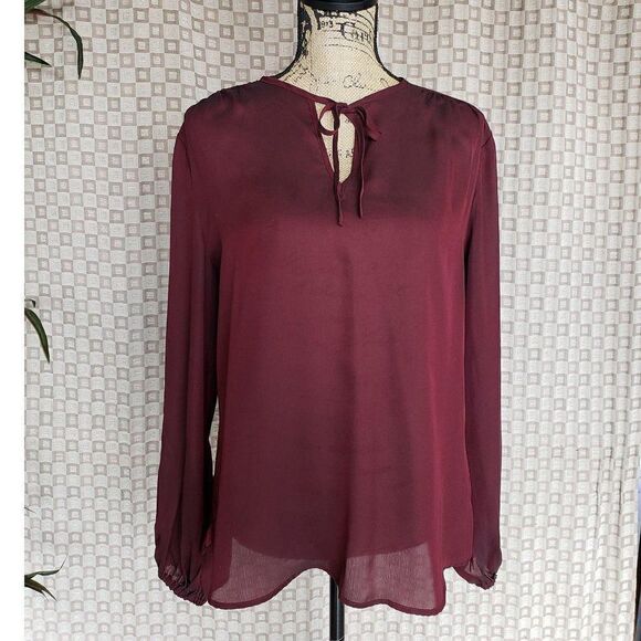 Women's Blouse Wine Red Long Sleeve Sheer Tie-Neck Blouse Large NWOT - Picture 2 of 8
